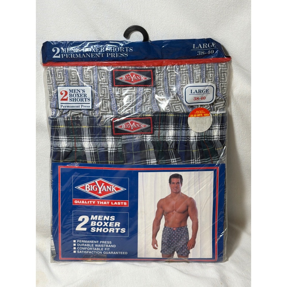 Vintage Big Yank Mens 2 Pack Boxer Shorts Large 38-40 Plaid Geometric 1999 NEW